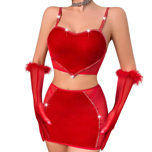 Clara Crop Top Coeur Scintillant Jupe Gants Rouges Ensemble Lingerie Rouge Élégant pour Soirée Spéciale Audace by Les Secrets de Léa