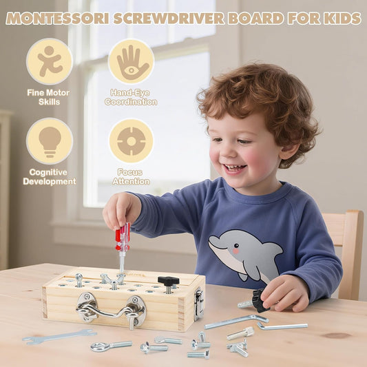 Vanplay Jouet Enfant 3 Ans, Jeux Montessori Outils Enfant Jouet en Bois Planche Montessori avec Visseuse Enfant, Serrure et Clé, Jeux Educatif Cadeau Enfant 3 4 5 Ans Garcon Fill