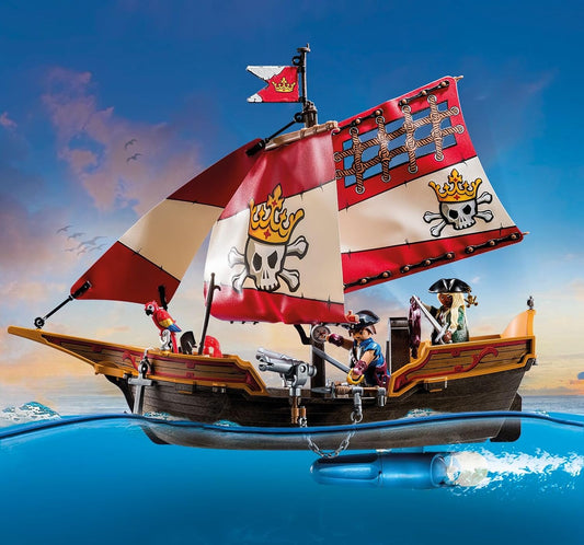 Playmobil 71418 Chaloupe des Pirates, Le Bateau Flotte et Peut être équipé d'un Moteur Submersible, avec des voiles Mobiles, des canons Mobiles et inclinables, Univers Pirates pour Enfants dès 4 Ans