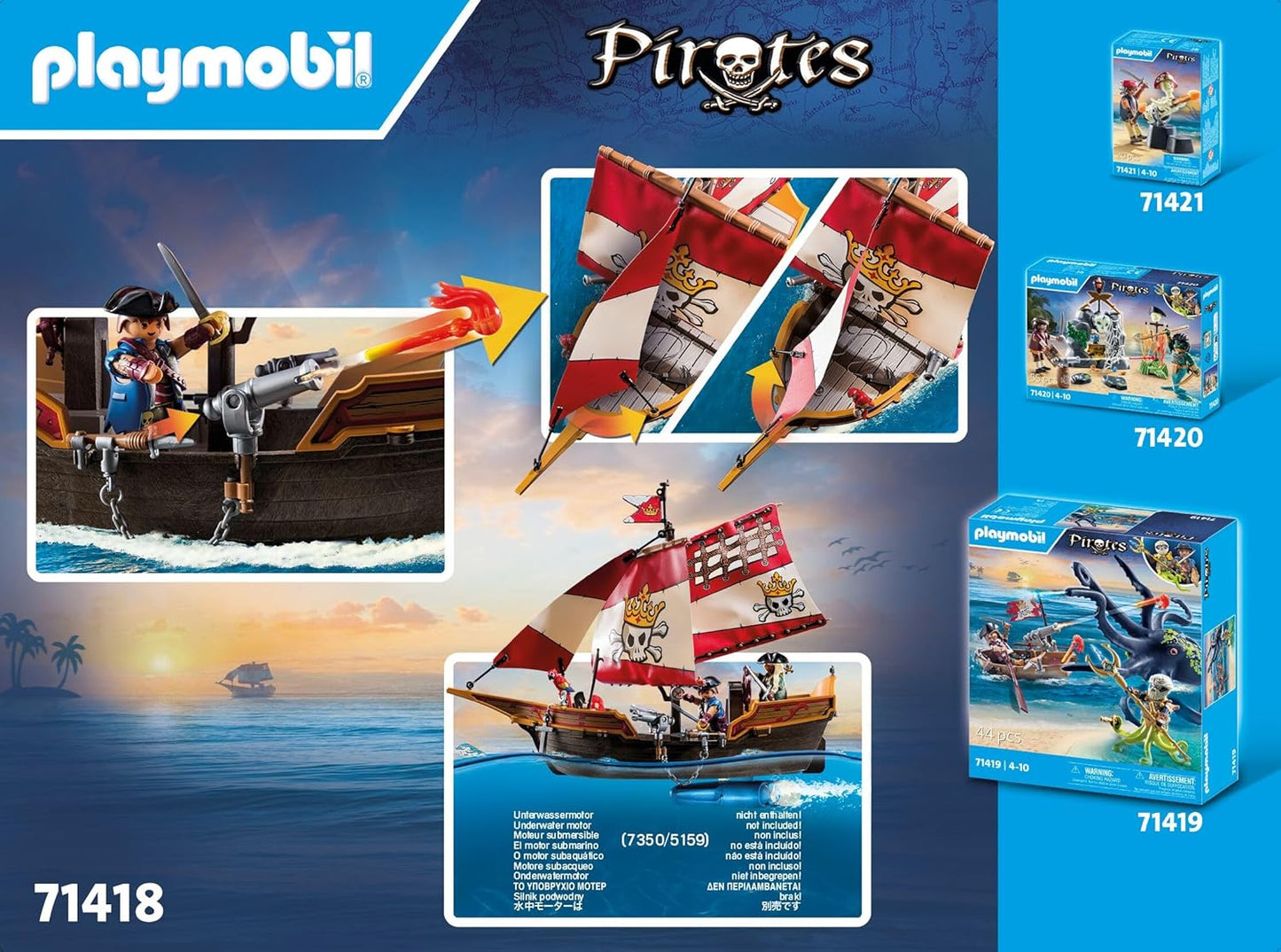 Playmobil 71418 Chaloupe des Pirates, Le Bateau Flotte et Peut être équipé d'un Moteur Submersible, avec des voiles Mobiles, des canons Mobiles et inclinables, Univers Pirates pour Enfants dès 4 Ans