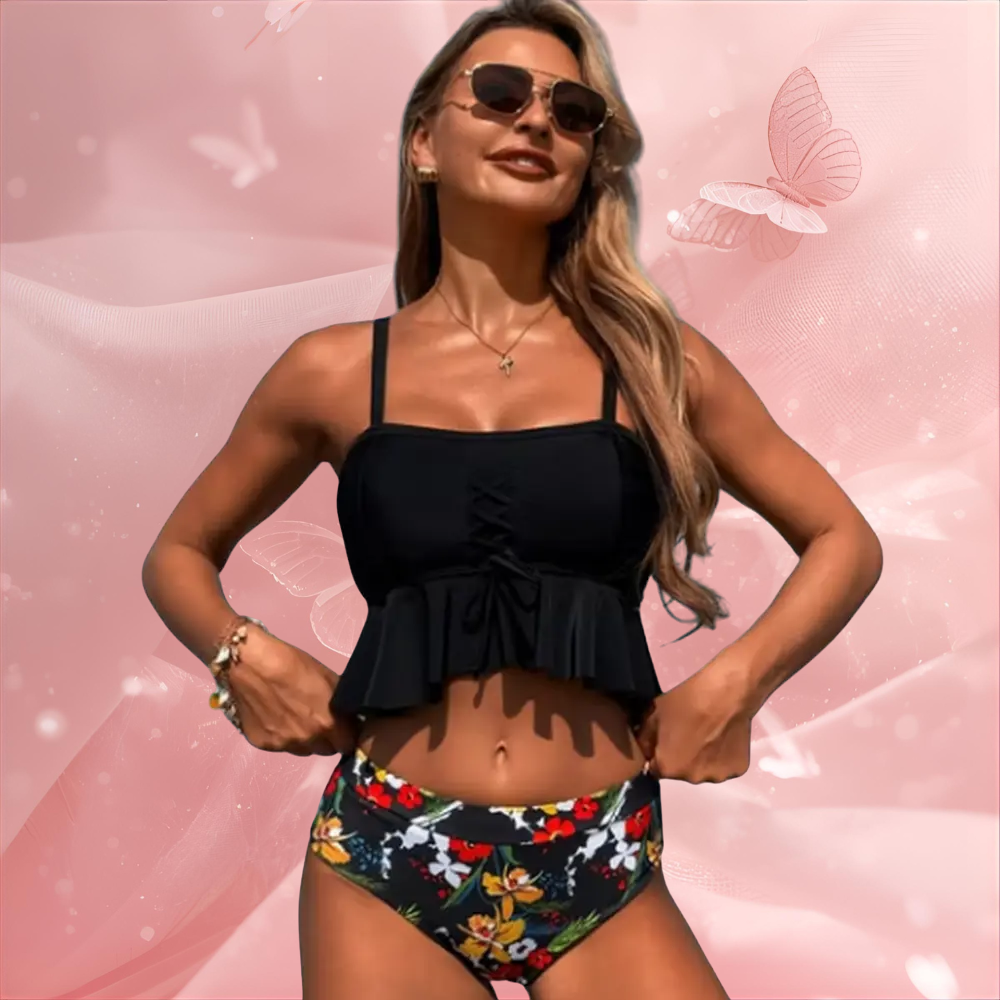 bikini bustier noir culotte florale