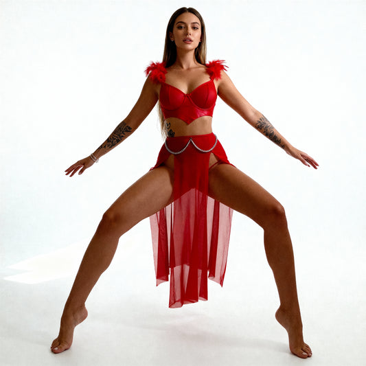 Daisy Ensemble Lingerie Glamour Rouge Corset Structuré Avec Jupe Fluide Et Chaßne Délicate by Les Secrets de Léa