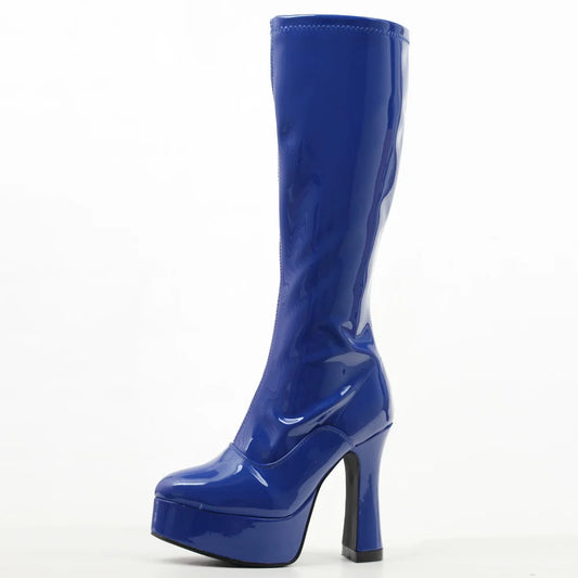 Bottes Femme Genou Haut Talons Épais Plateforme Style Occidental Cuir