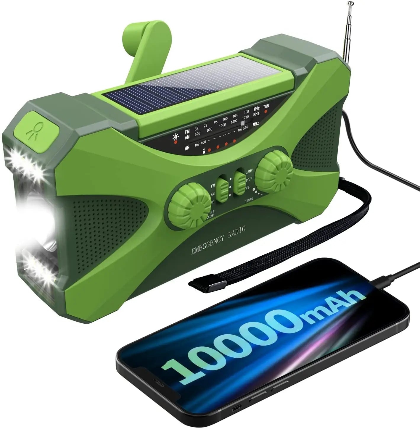 Radio d’Urgence Solaire 10000mAh – AM/FM/SW, LED, Manivelle & Recharge USB
