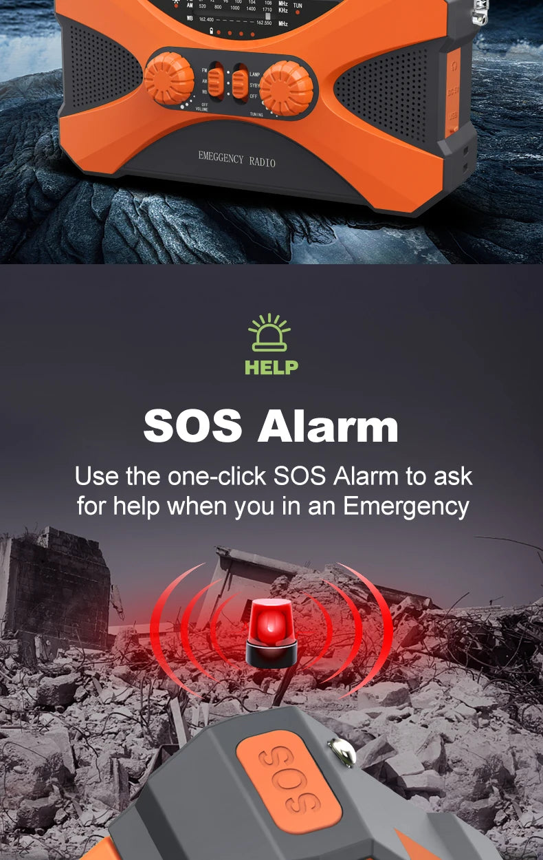 Radio d’Urgence Solaire 10000mAh – AM/FM/SW, LED, Manivelle & Recharge USB