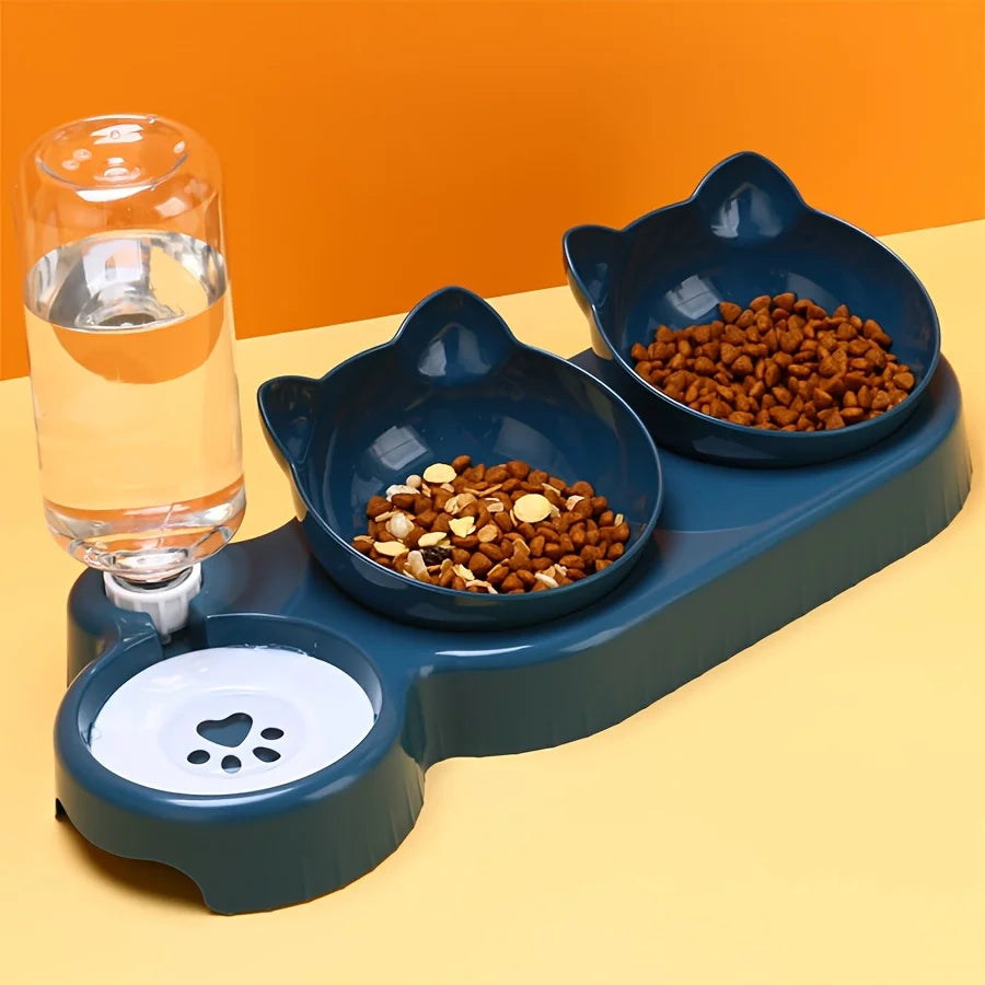 Gamelle 3-en-1 pour chat avec distributeur d’eau – Bols inclinés antidérapants