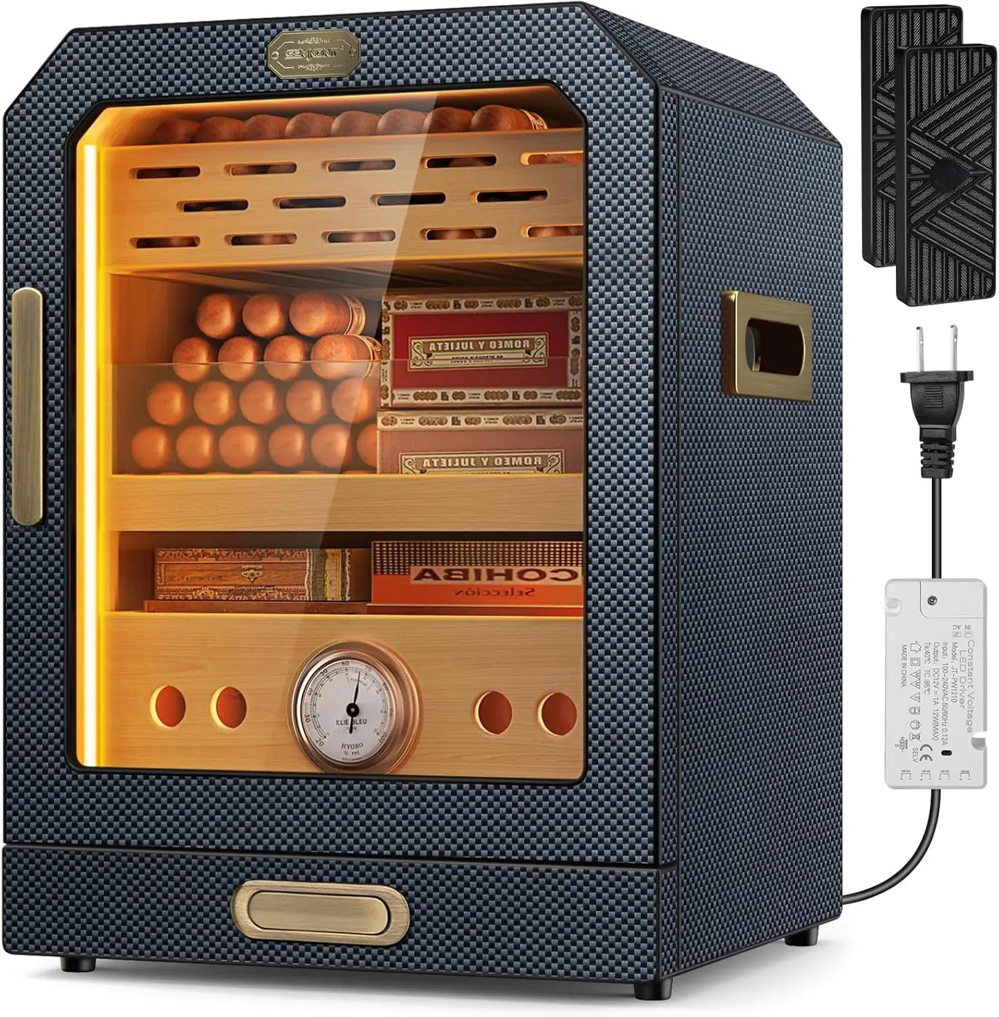 Cave à cigares avec porte magnétique, lumière LED et tiroir accessoires – 150 cigares