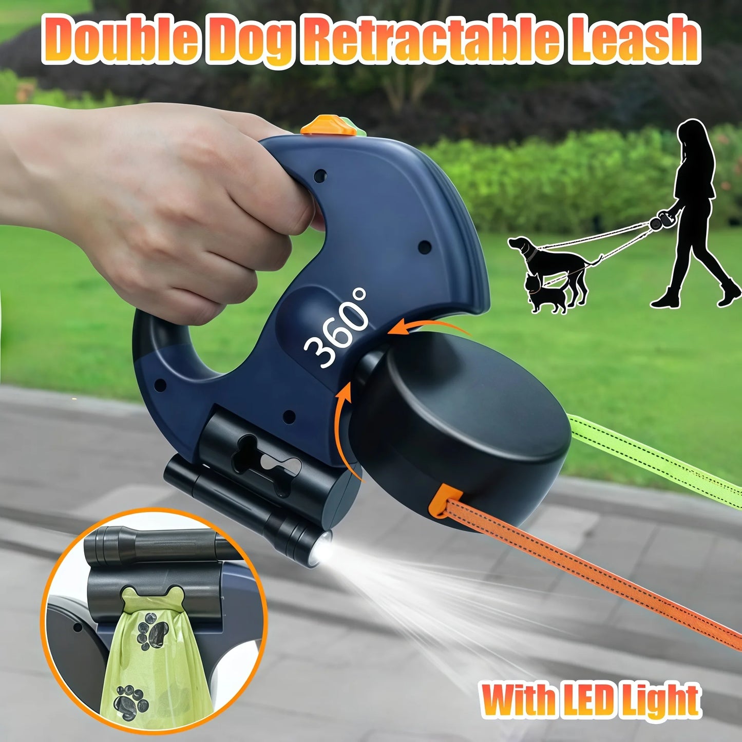 Laisse Double Rétractable pour Chiens 3m – Avec Lampe LED et Distributeur de Sacs