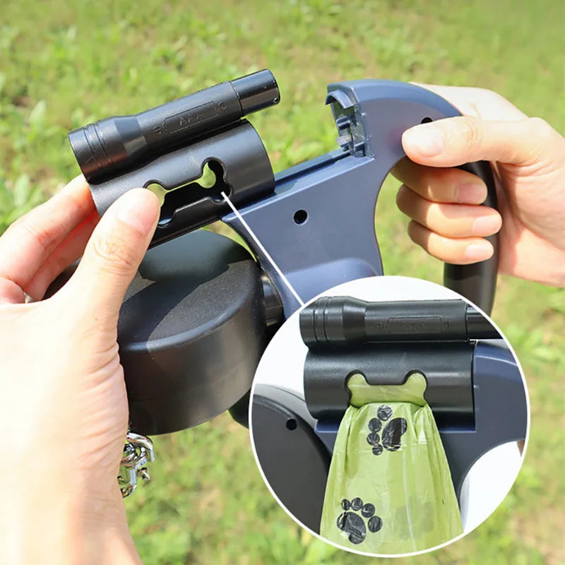 Laisse Double Rétractable pour Chiens 3m – Avec Lampe LED et Distributeur de Sacs