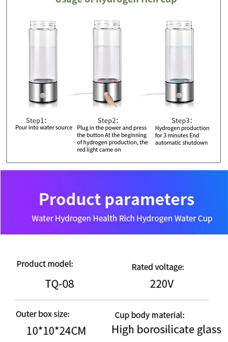 Gourde Hydrogénée 420 ml – Eau Riche en Hydrogène Actif, Verre Borosilicate