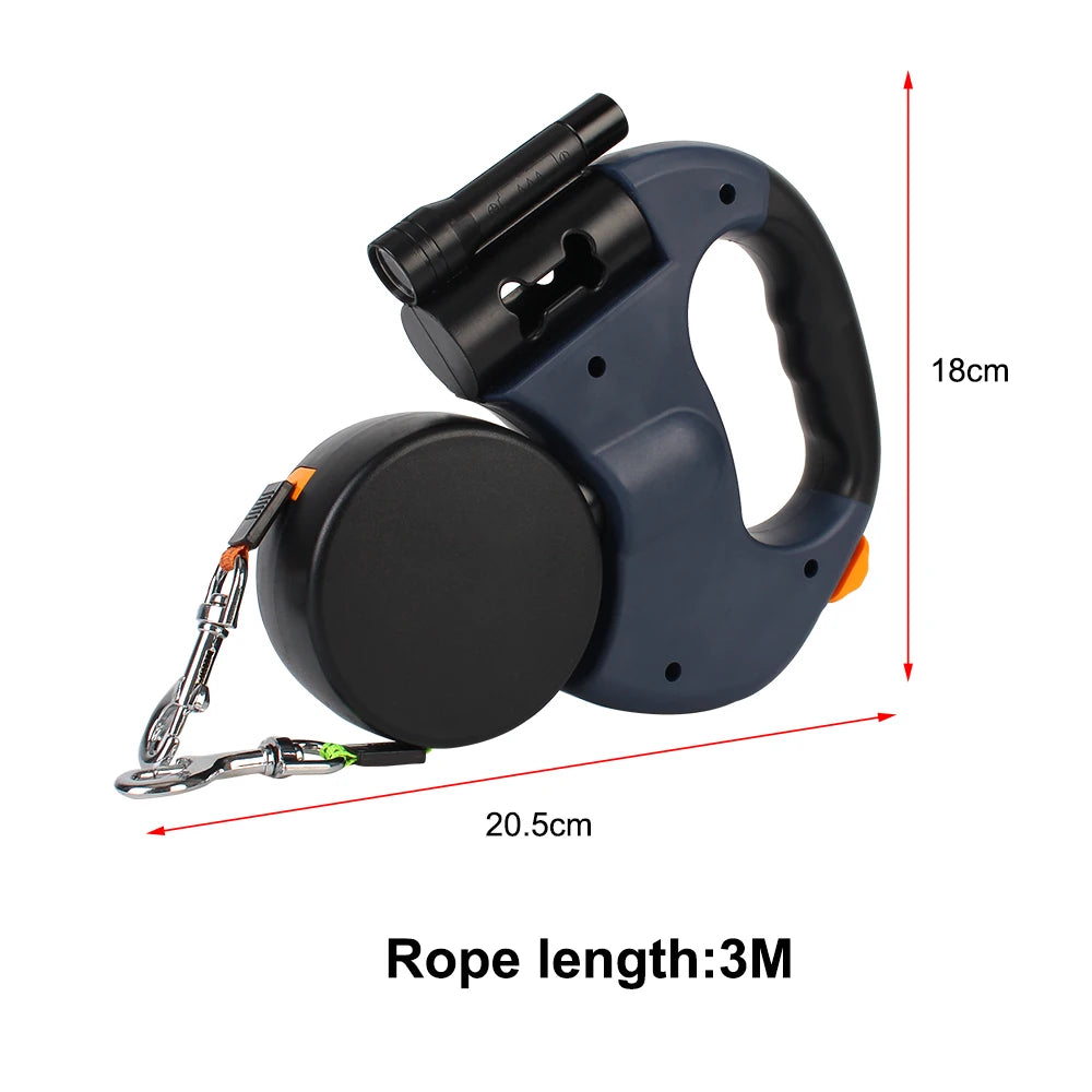 Laisse Double Rétractable pour Chiens 3m – Avec Lampe LED et Distributeur de Sacs