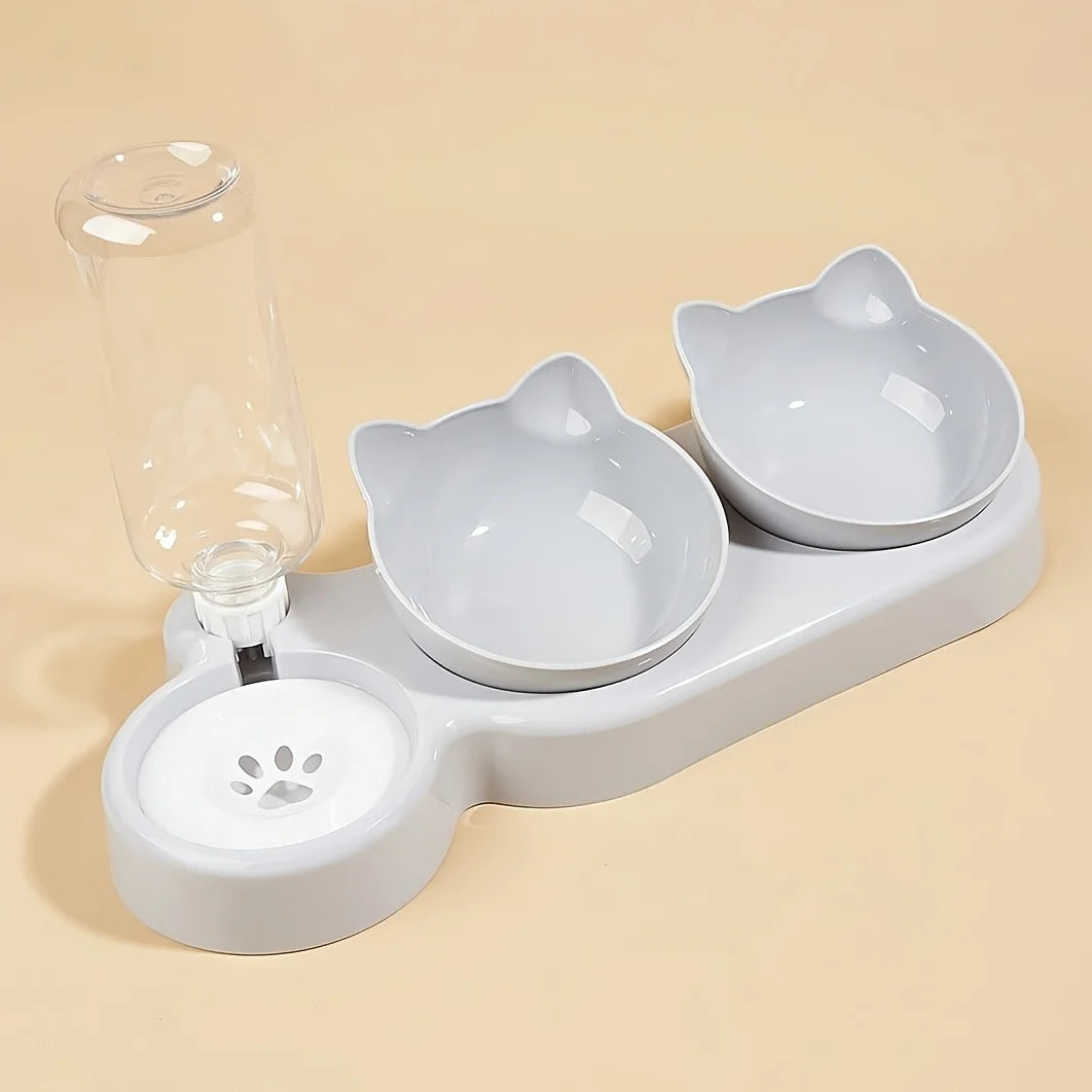 Gamelle 3-en-1 pour chat avec distributeur d’eau – Bols inclinés antidérapants