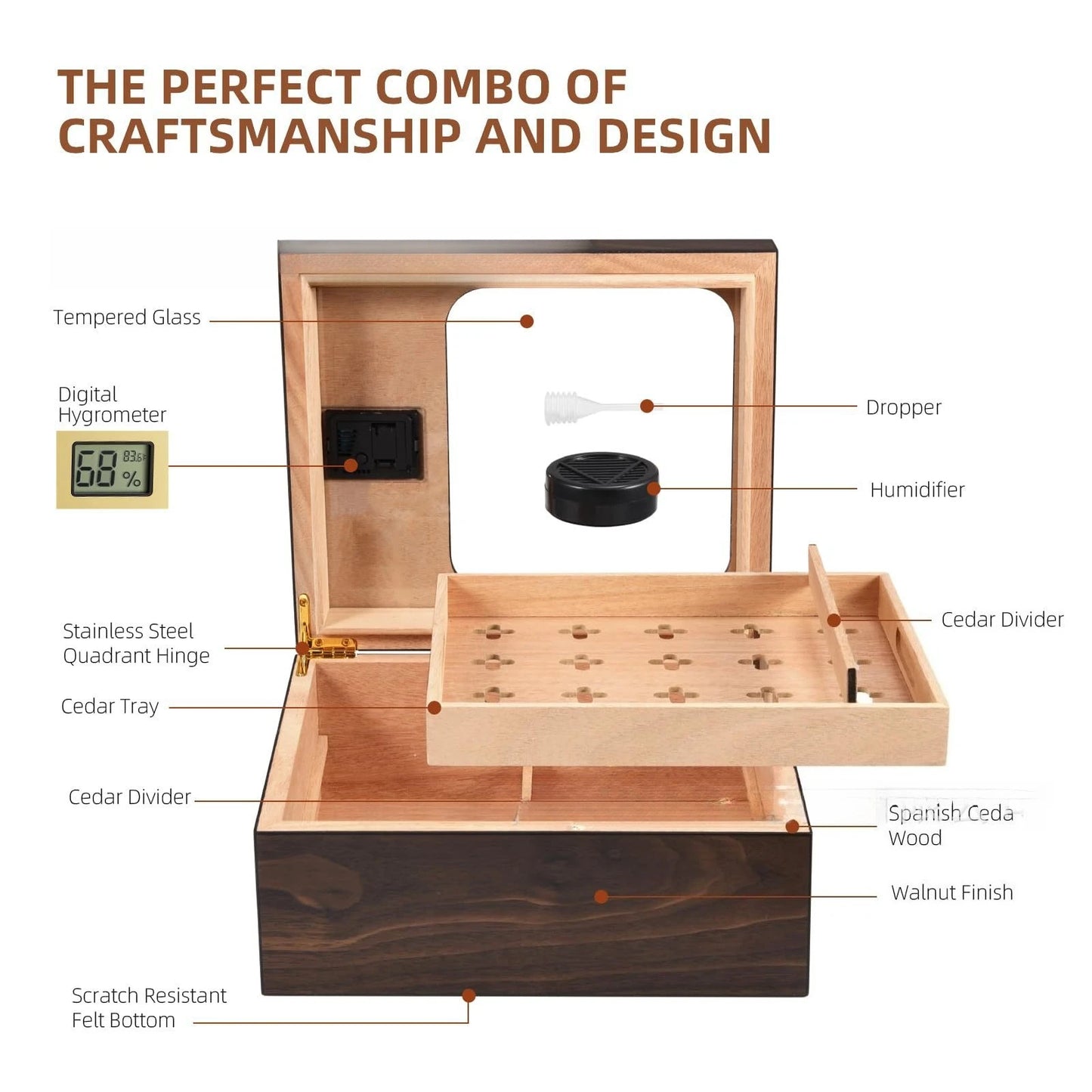 Cave à cigares en bois – Couvercle transparent, hygromètre, design compact