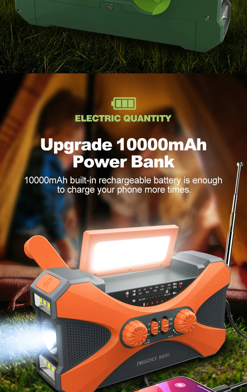 Radio d’Urgence Solaire 10000mAh – AM/FM/SW, LED, Manivelle & Recharge USB