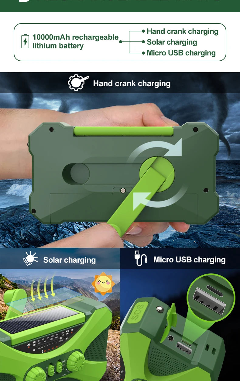 Radio d’Urgence Solaire 10000mAh – AM/FM/SW, LED, Manivelle & Recharge USB
