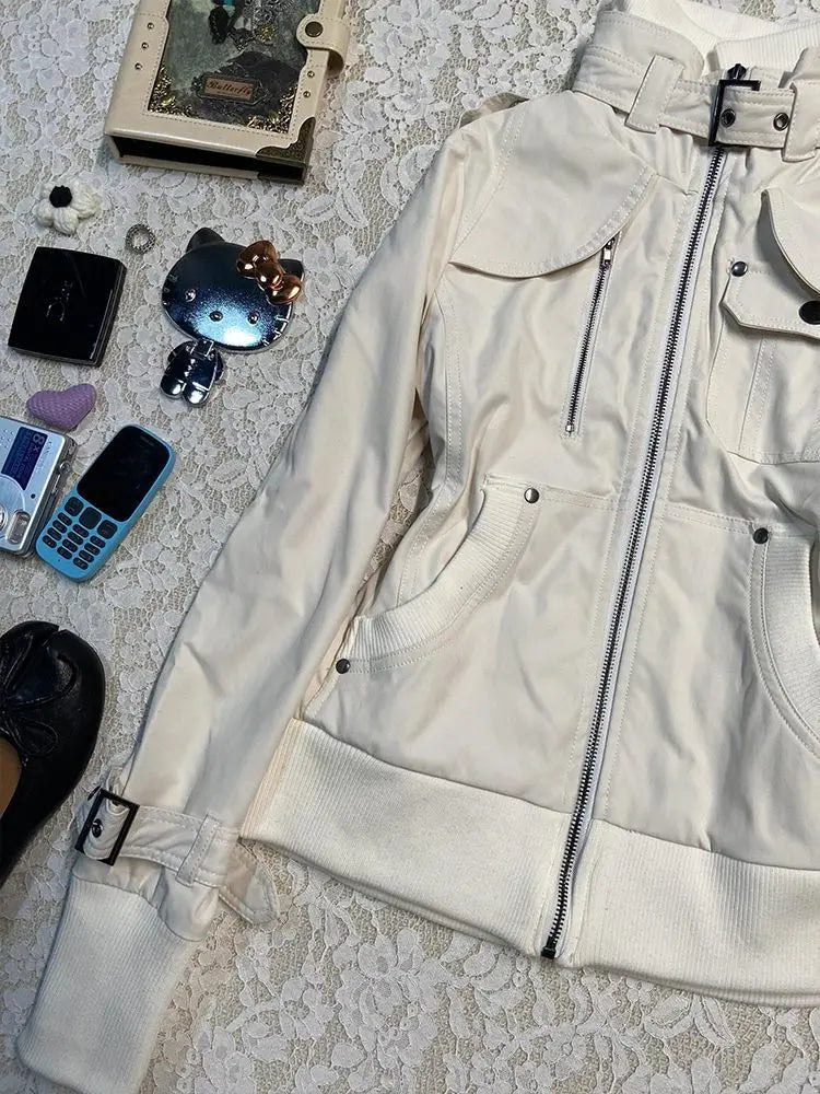 Veste Blanche à Col Montant Style Streetwear – Fermeture Zippée