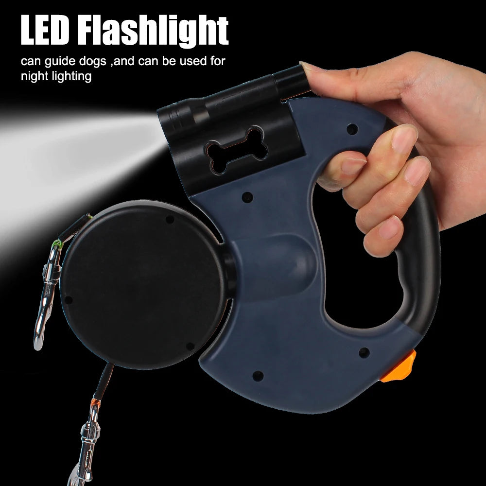Laisse Double Rétractable pour Chiens 3m – Avec Lampe LED et Distributeur de Sacs