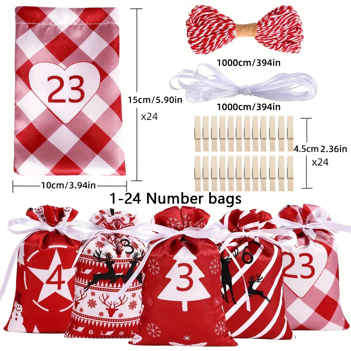 Sac De Calendrier De Noël 24 Jours 50 Pièces En Satin Lisse Avec Cordon Teint Par Couleur Pour Bonbons Et Cadeaux by LSDLBoutique.ch