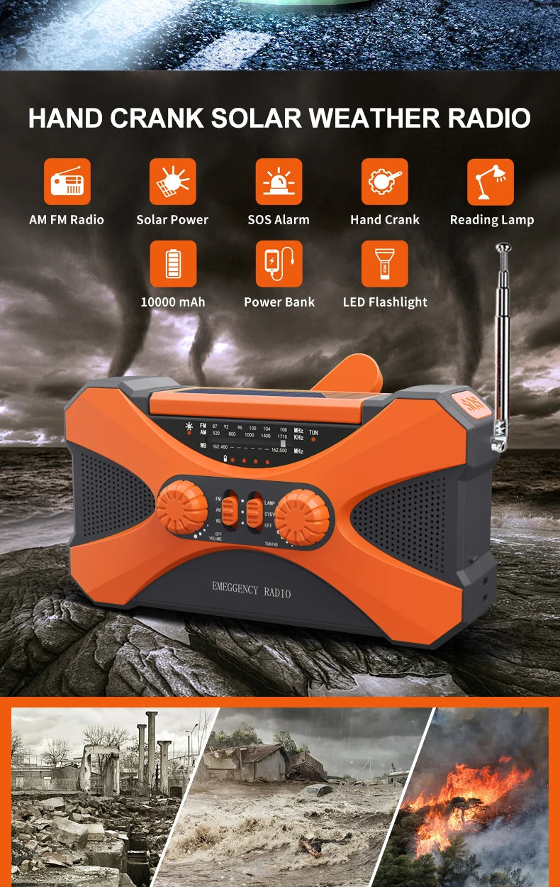 Radio d’Urgence Solaire 10000mAh – AM/FM/SW, LED, Manivelle & Recharge USB