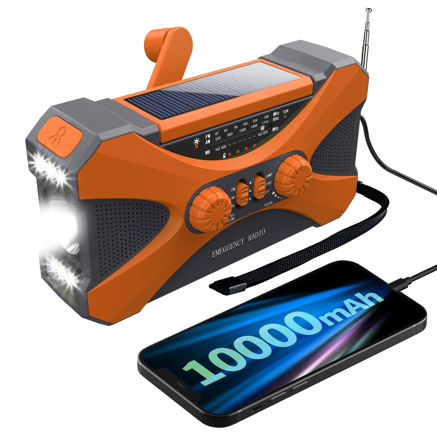 Radio d’Urgence Solaire 10000mAh – AM/FM/SW, LED, Manivelle & Recharge USB