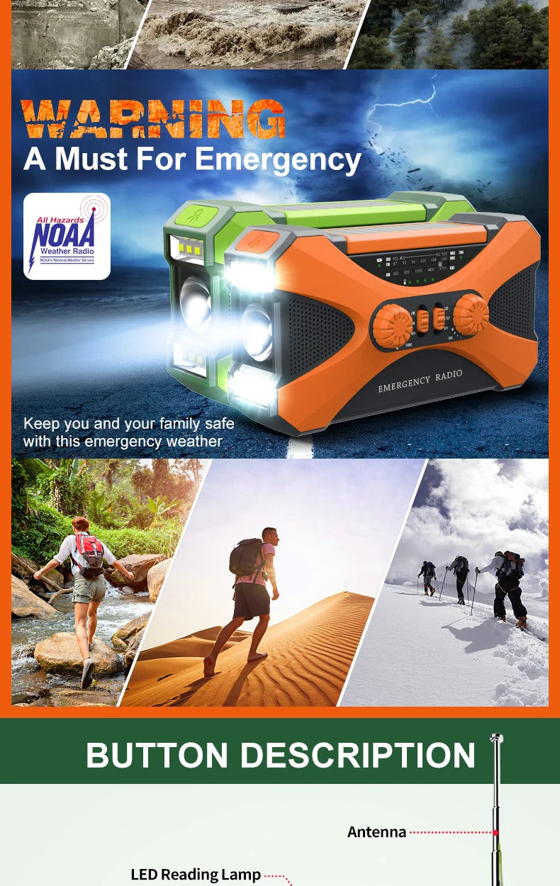 Radio d’Urgence Solaire 10000mAh – AM/FM/SW, LED, Manivelle & Recharge USB