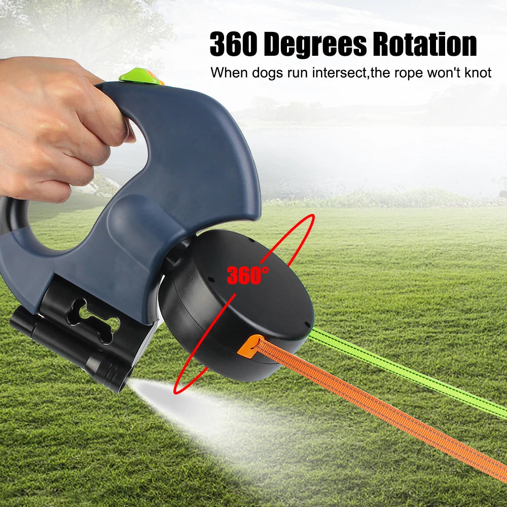 Laisse Double Rétractable pour Chiens 3m – Avec Lampe LED et Distributeur de Sacs