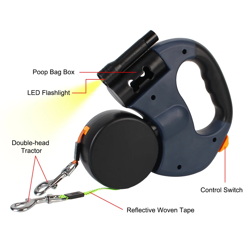Laisse Double Rétractable pour Chiens 3m – Avec Lampe LED et Distributeur de Sacs
