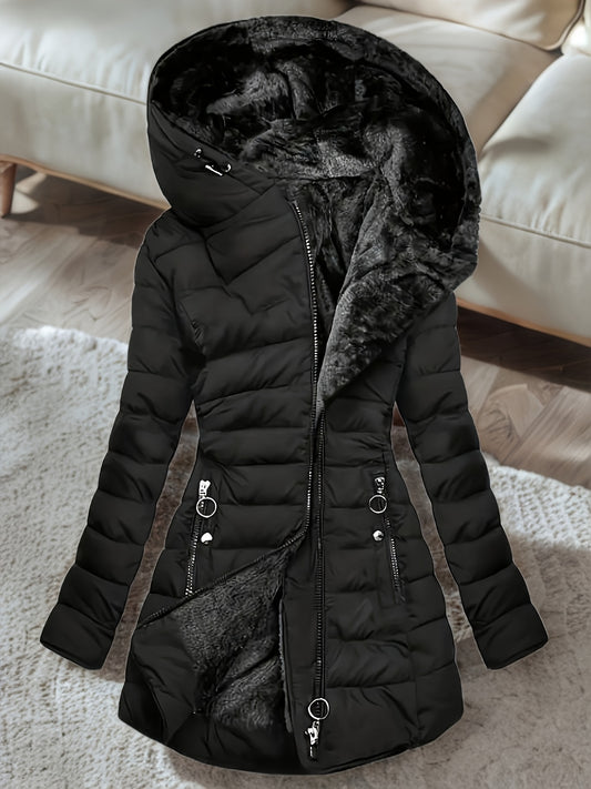 Veste Hiver Femme Doublée Polaire Mi Longue Zippée À Capuche Coupe Ample Pour Journées Froides by LSDLBoutique.ch