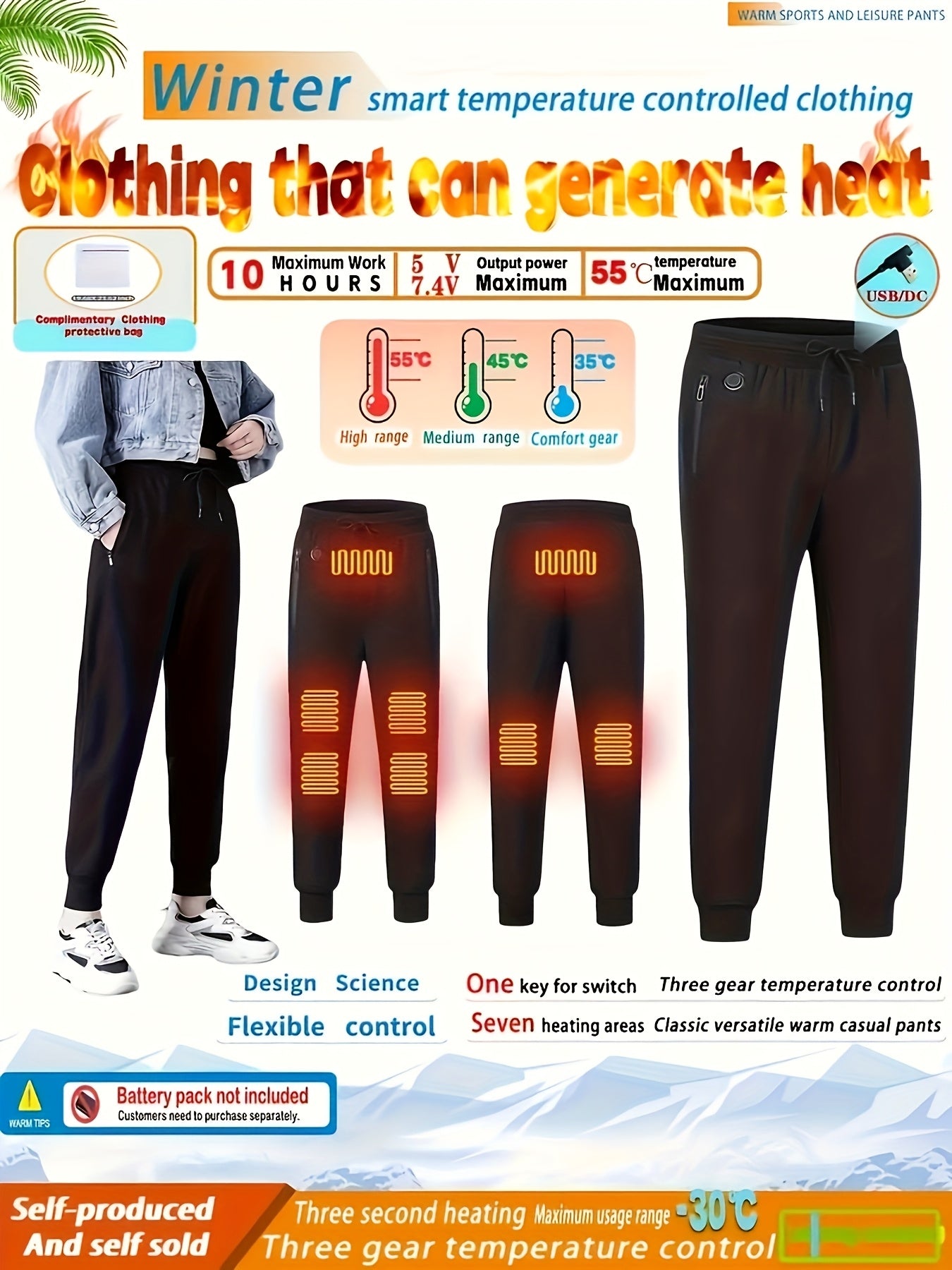 Pantalon de Sport Chauffant – 12 Zones, Cordon et Poches Zippées (Sans Batterie)
