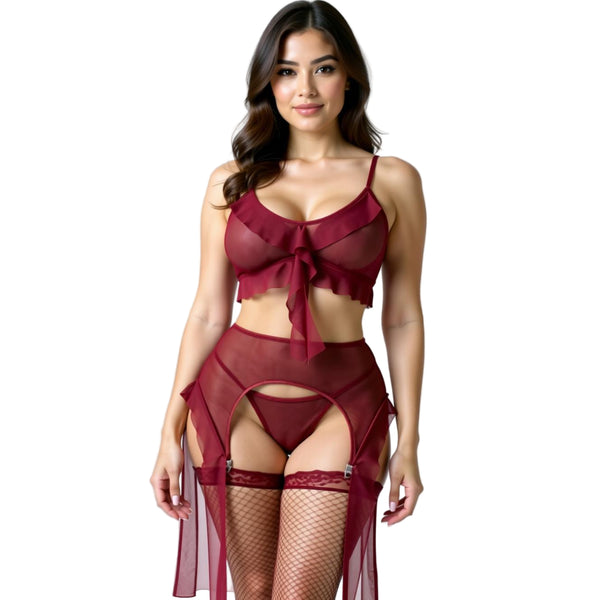 Les Secrets de Léa – Ensemble lingerie tulle bordeaux trois pièces – Margaux