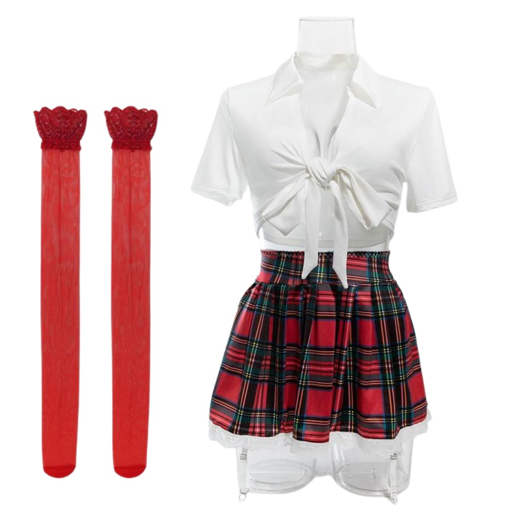 Ensemble Martine Uniforme À Carreaux Rouges Avec Jupe Plissée Et Chemisier Blanc Noué by Les Secrets de Léa
