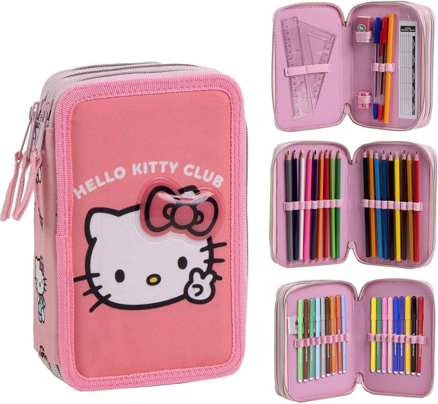 CERDÁ LIFE'S LITTLE MOMENTS Trousse avec Accessoires Giotto Hello Kitty avec marqueurs, Crayons et stylos | Trousse Triple pour Enfant avec Motif Sanrio, Hello Kitty, 12.5x6.5x19.5 cm, Licence