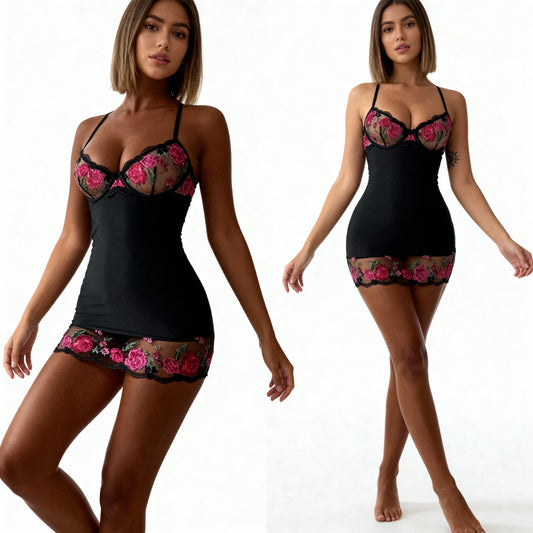 Leticia Nuisette Noire Élégante Avec Broderie Florale Rose Pour Une Silhouette Raffinée by Les Secrets de Léa