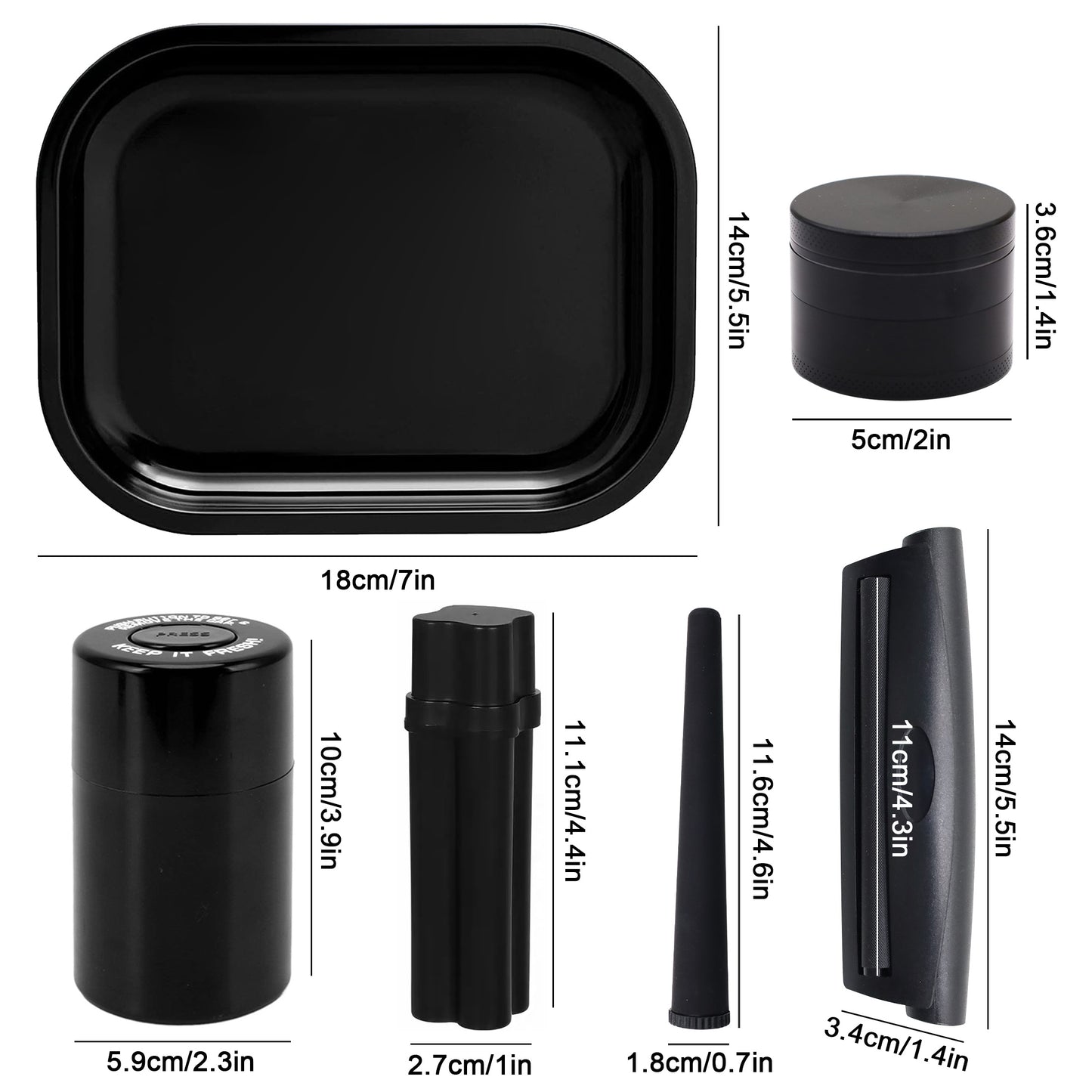Set Fumeur Noir 7pcs : Grinder 50mm, Plateau, Pipe, Rouleur Cadeau by LSDLBoutique.ch
