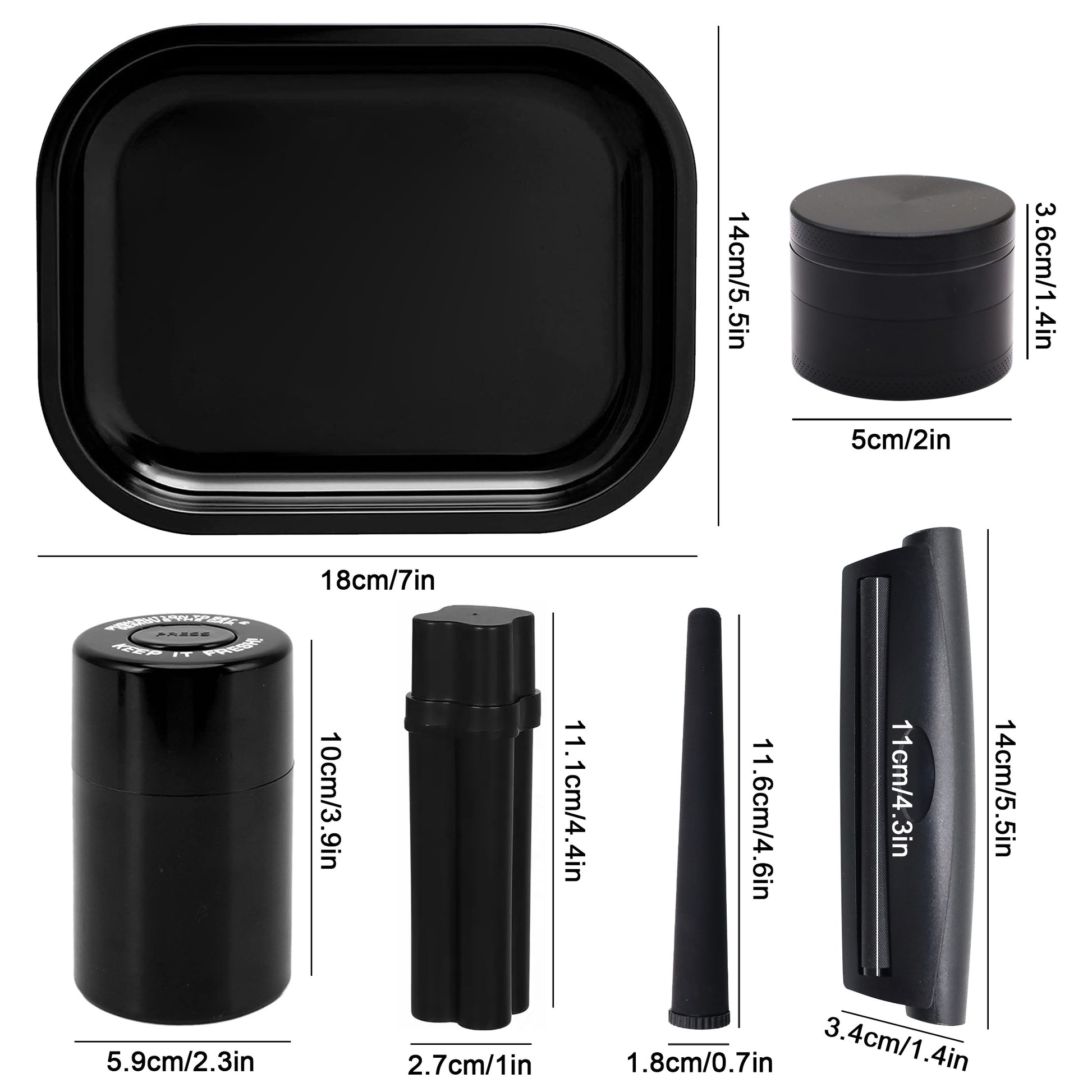 Set Fumeur Noir 7pcs : Grinder 50mm, Plateau, Pipe, Rouleur Cadeau by LSDLBoutique.ch