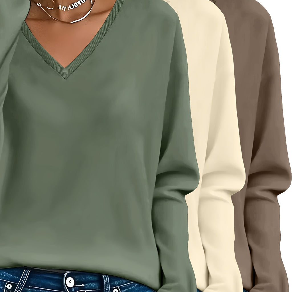 Lot de 3 Pulls Femme Col V Manches Longues 100 Pour Cent Coton Style Casual Élégant by LSDLBoutique.ch