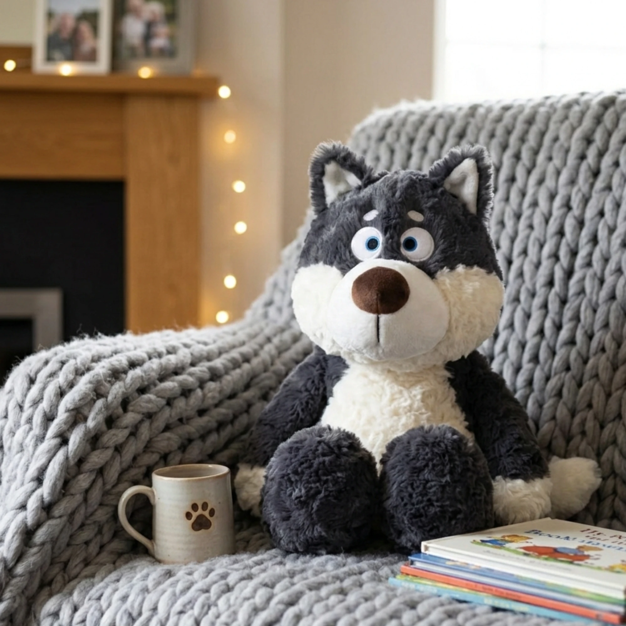 Peluche Loup Gris 40 cm, peluche douce et moelleuse gris/noir avec ventre blanc