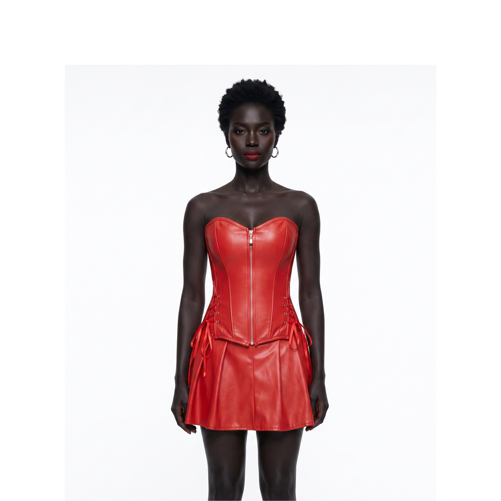 Korsett-Bustier und Mini-Rock mit Schnürung – Schwarz / Rot
