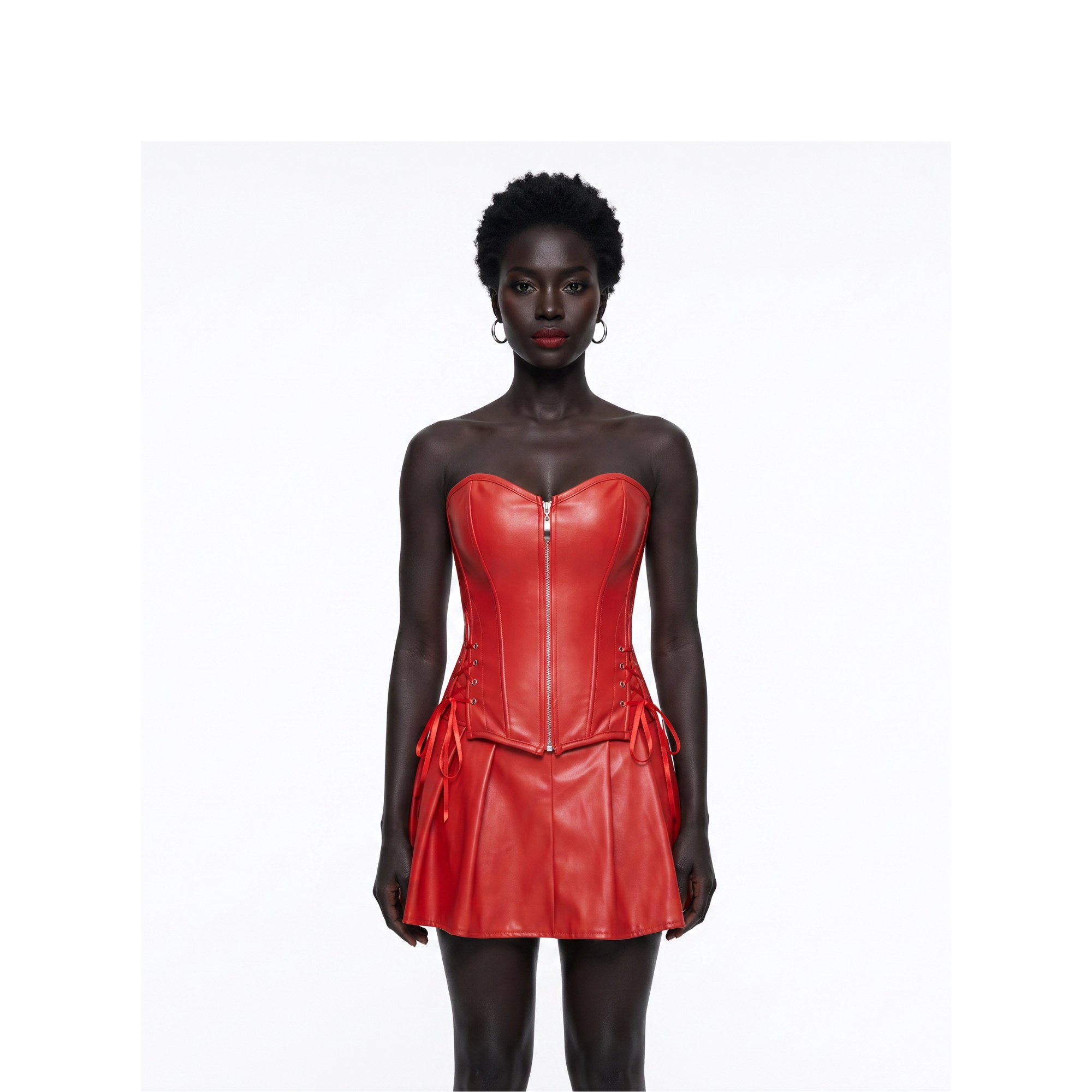 Korsett-Bustier und Mini-Rock mit Schnürung – Schwarz / Rot