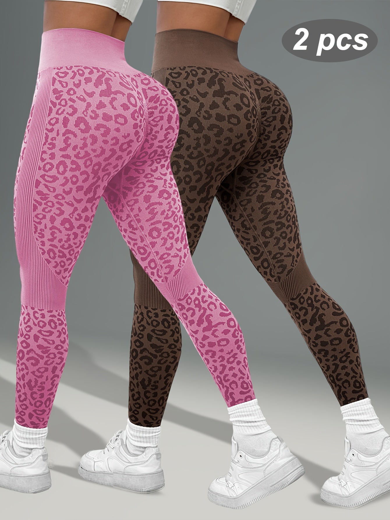 Lot de 2 Leggings Femme Taille Haute Imprimé Léopard Gainant Tissu Respirant et Opaque pour Yoga Fitness by LSDLBoutique.ch