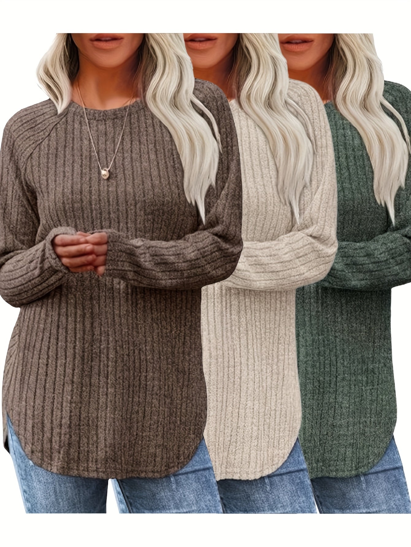 Lot De 3 Pulls Femme Élégants Col Rond Manches Longues Doux Et Légers Minimalistes Pour Le Quotidien by LSDLBoutique.ch