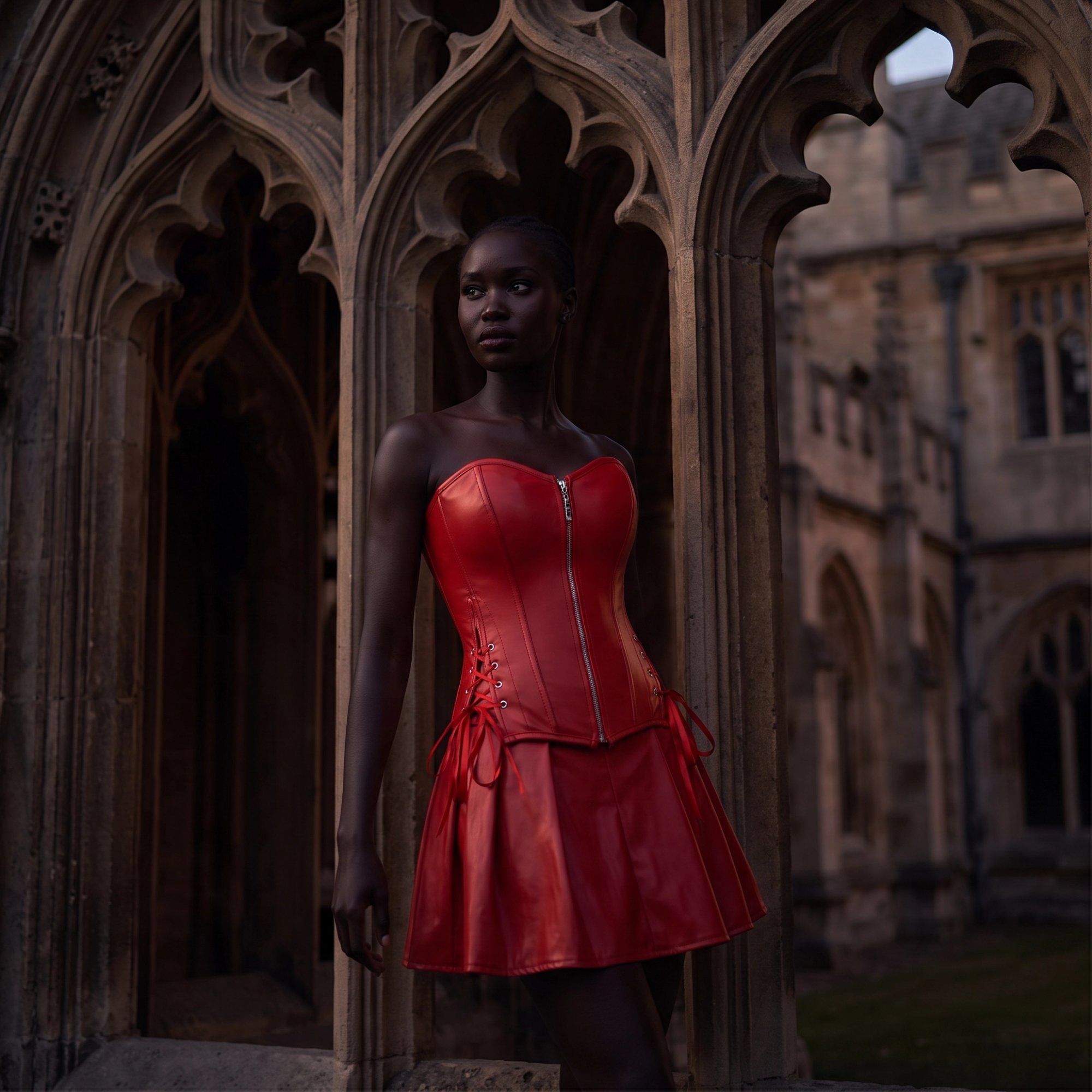 Korsett-Bustier und Mini-Rock mit Schnürung – Schwarz / Rot