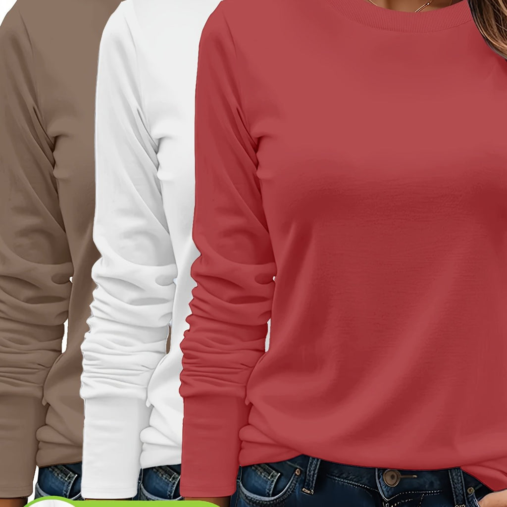 Lot De Trois T Shirts Femme Manches Longues Col Rond Coton 100 Pour Cent Confort Casual Basique by LSDLBoutique.ch