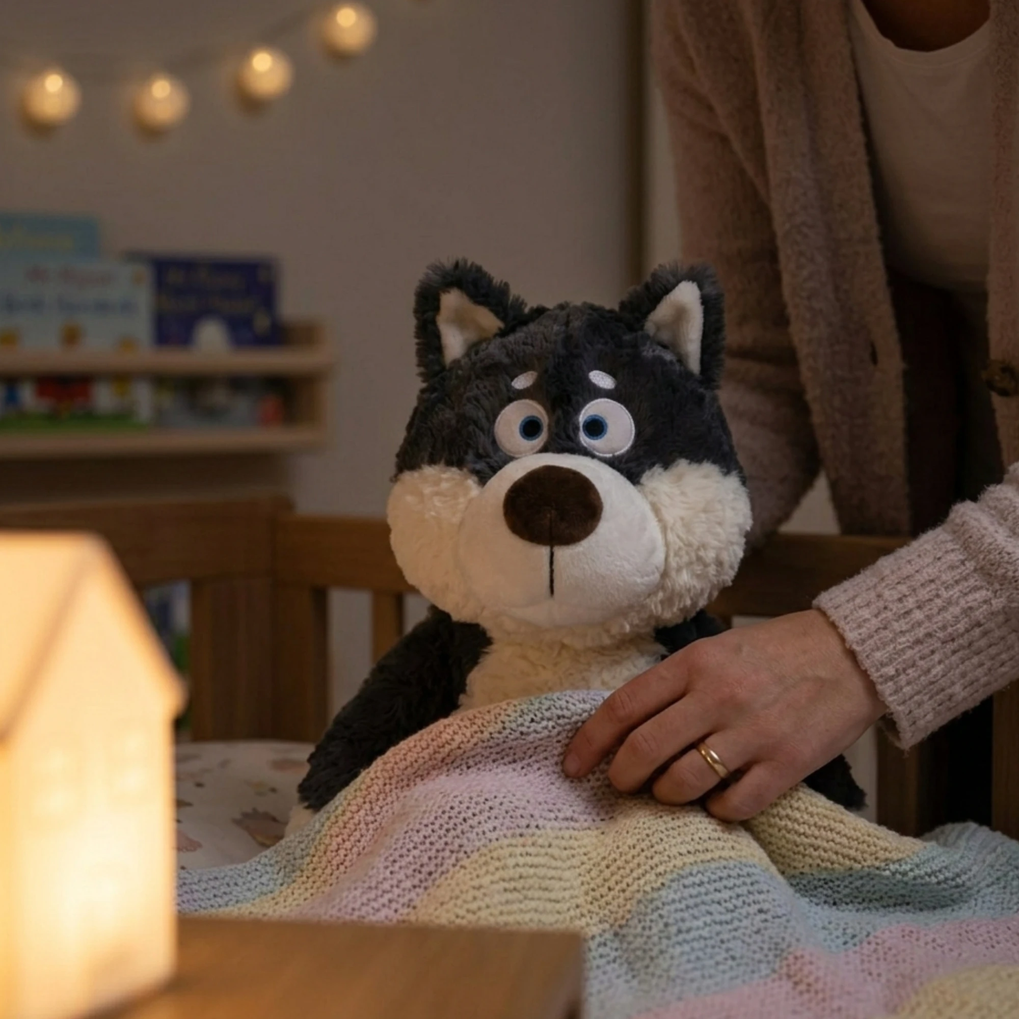 Peluche Loup Gris 40 cm en peluche, loup gris foncé avec museau blanc et yeux bleus