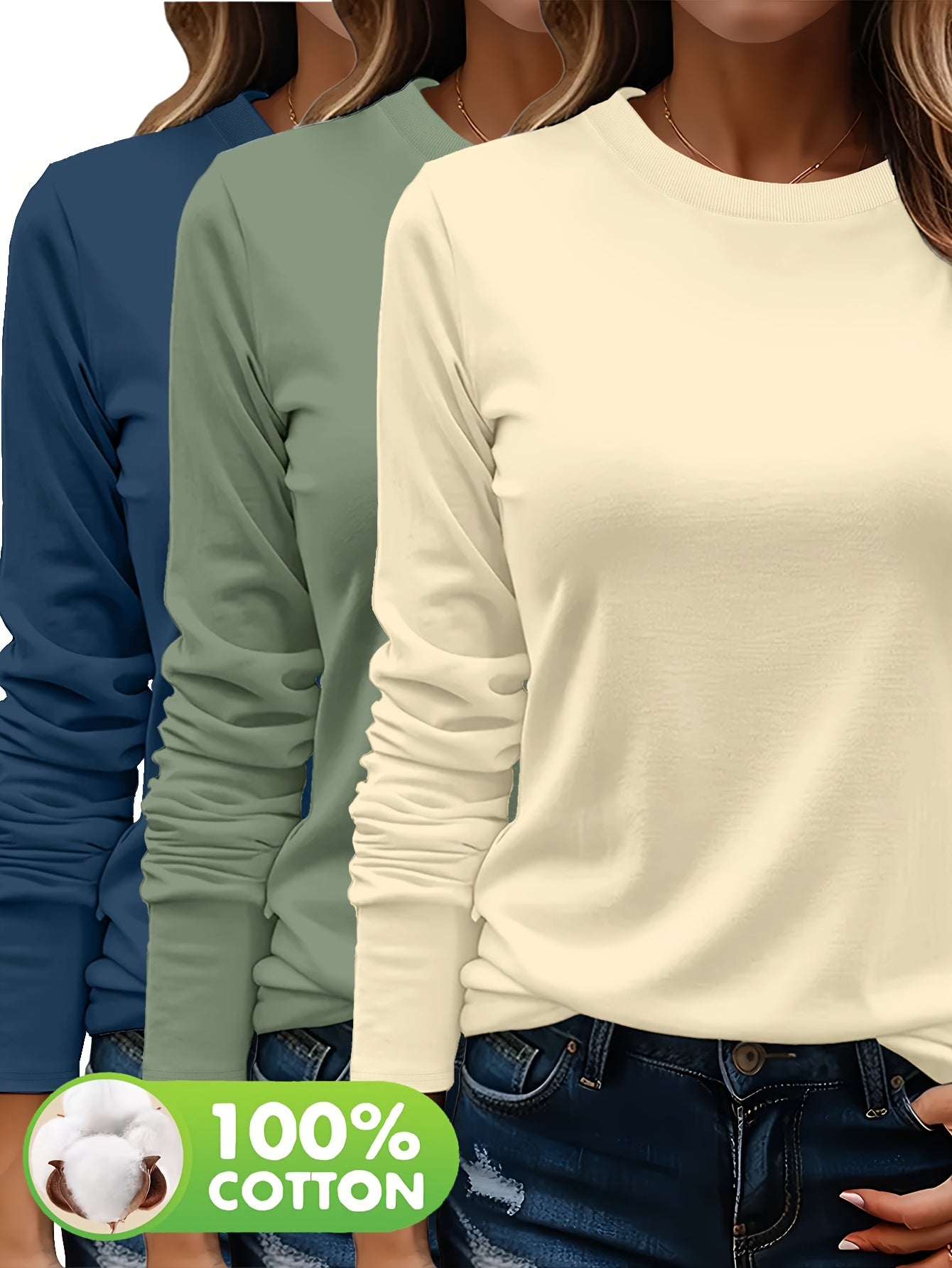 Lot De Trois T Shirts Femme Manches Longues Col Rond Coton 100 Pour Cent Confort Casual Basique by LSDLBoutique.ch