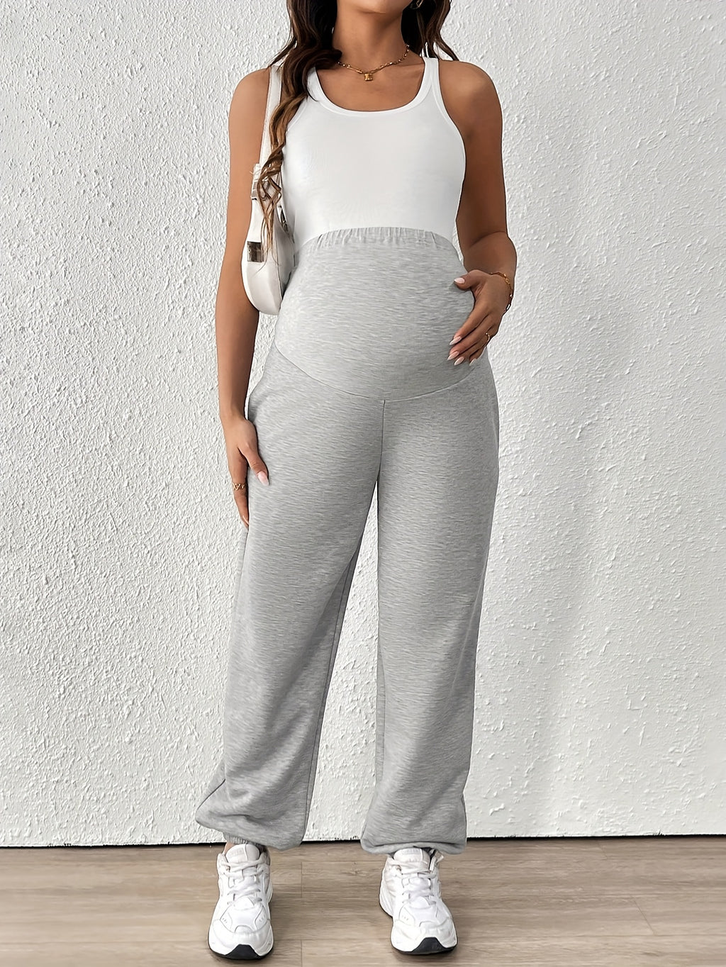 Pantalon Grossesse Femme Taille Haute Gris Avec Ceinture Ajustable Et Poches Décontracté Polyester Extensible by LSDLBoutique.ch