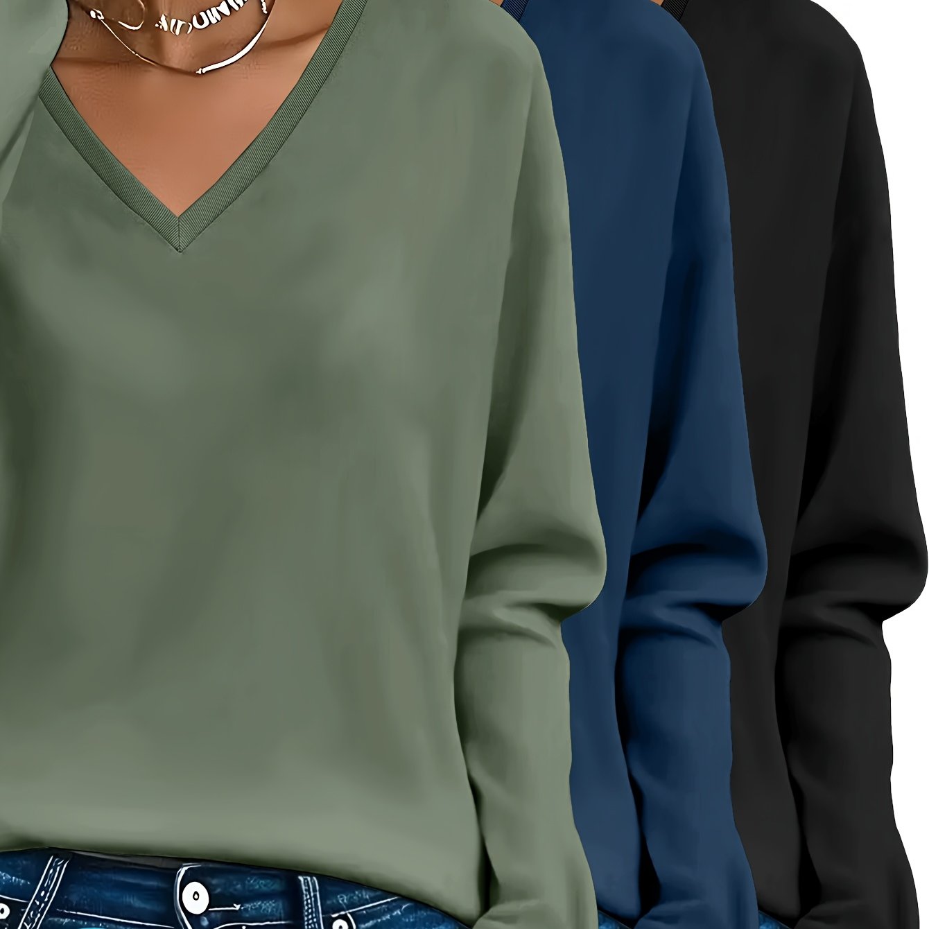 Lot de 3 Pulls Femme Col V Manches Longues 100 Pour Cent Coton Style Casual Élégant by LSDLBoutique.ch