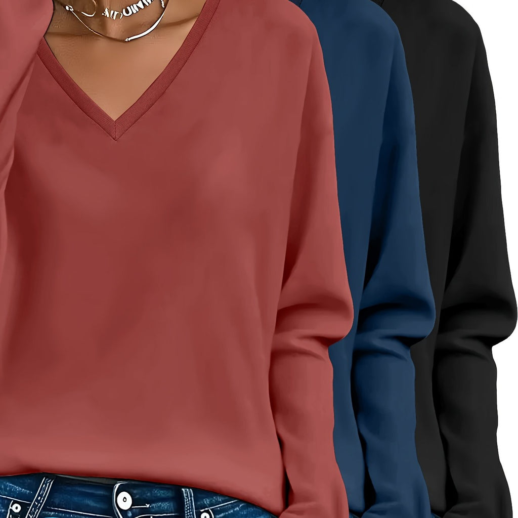 Lot de 3 Pulls Femme Col V Manches Longues 100 Pour Cent Coton Style Casual Élégant by LSDLBoutique.ch