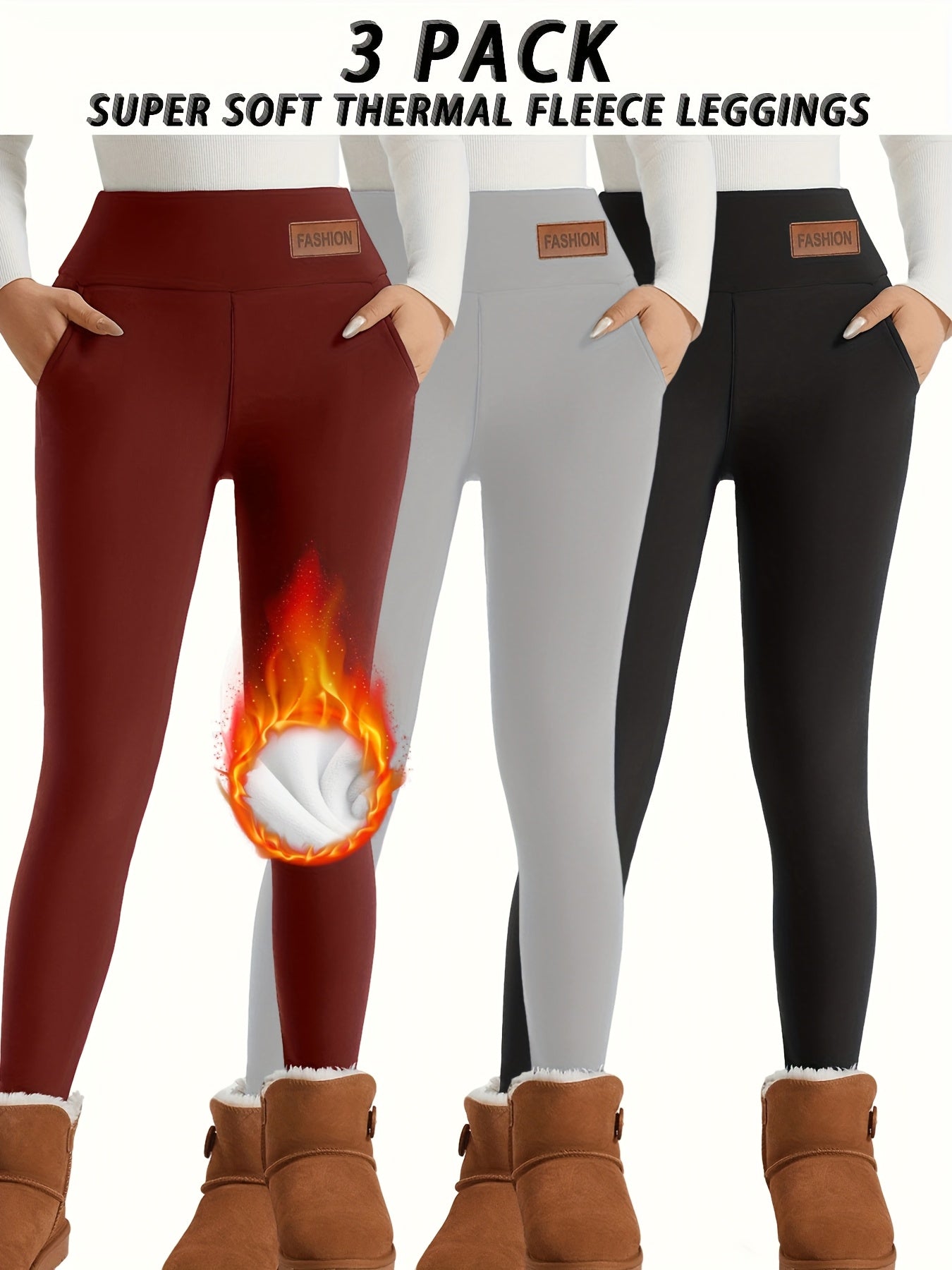 Lot De 3 Leggings Thermiques Femme Poches Taille Haute Doublés Polaire Doux Et Stretch by LSDLBoutique.ch