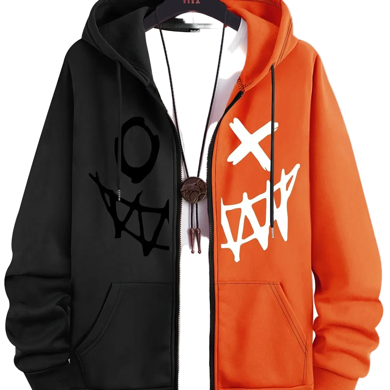 Sweat à capuche bicolore noir/orange pour homme LSDLBoutique, motif graphique blanc sur l’orange